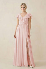 Rose Petal Cap Sleeve A-Line Ruffled Chiffon Bridesmaid Dress | KISSBRIDAL