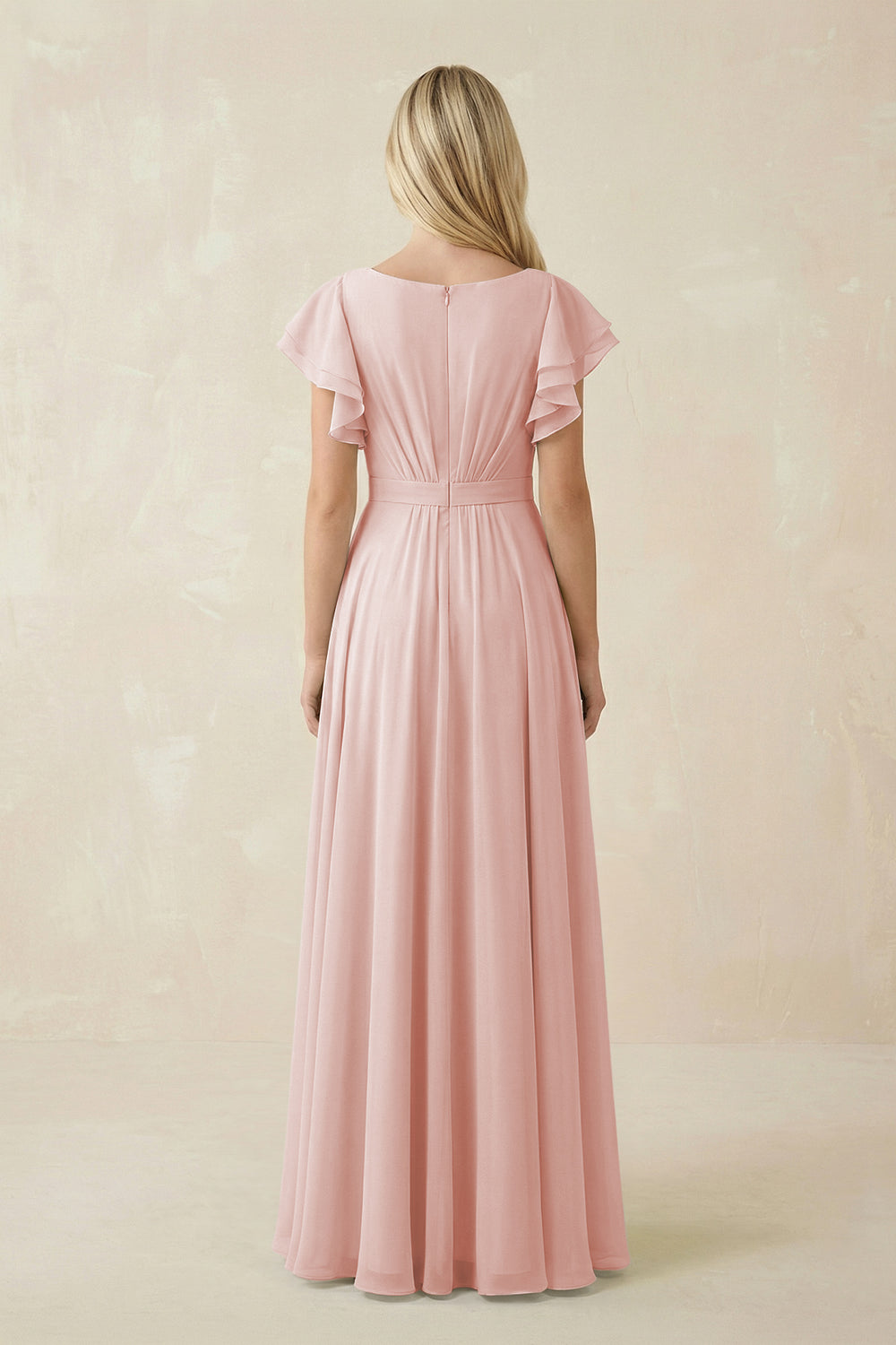 Cap Sleeve Ruffled A-Line Chiffon Bridesmaid Dress in Rose Petal