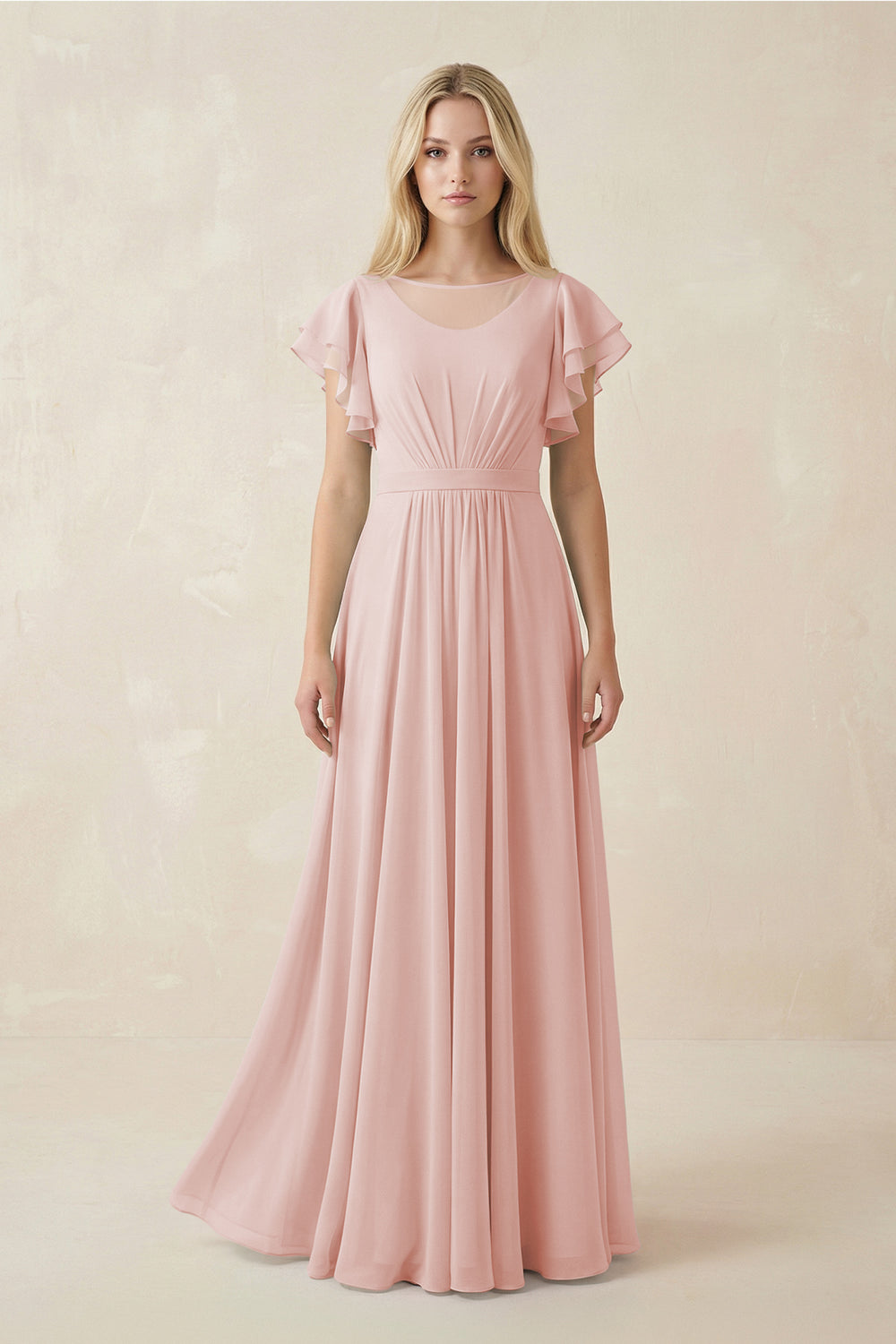 Cap Sleeve Ruffled A-Line Chiffon Bridesmaid Dress in Rose Petal
