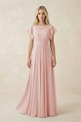 Rose Petal Cap Sleeve Ruffled A-Line Chiffon Bridesmaid Dress | KISSBRIDAL