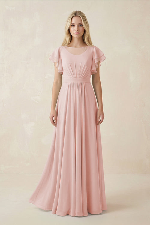 Rose Petal Cap Sleeve Ruffled A-Line Chiffon Bridesmaid Dress | KISSBRIDAL