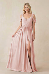 Rose Petal Chiffon A-Line Bridesmaid Dress with Slit | KISSBRIDAL