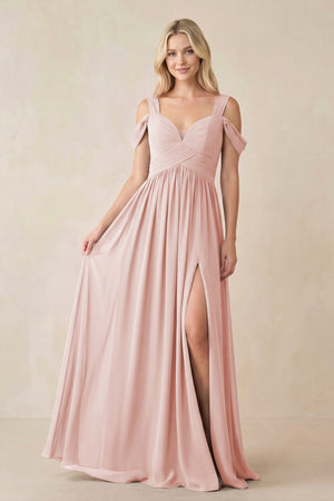 Rose Petal Chiffon A-Line Bridesmaid Dress with Slit | KISSBRIDAL