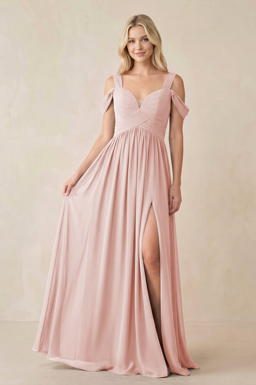 Rose Petal Chiffon A-Line Bridesmaid Dress with Slit | KISSBRIDAL