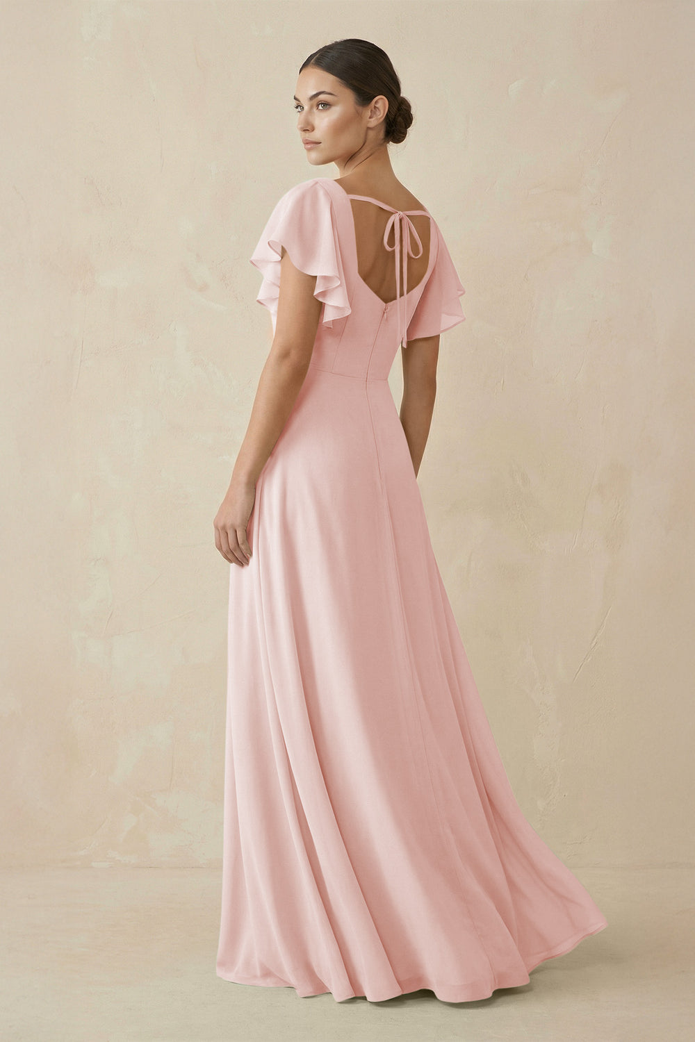 Chiffon A-Line Long Bridesmaid Dress with Flutter Sleeves in Rose Petal