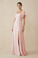 Rose Petal Chiffon A-Line Long Bridesmaid Dress with Flutter Sleeves | KISSBRIDAL