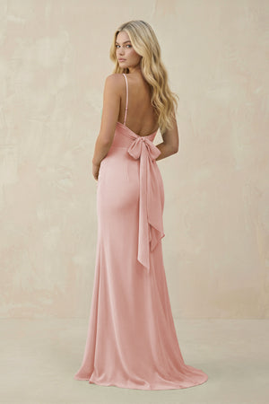 Rose Petal Cowl Neck Sheath Chiffon Bridesmaid Dress with Corset (2) | KISSBRIDAL