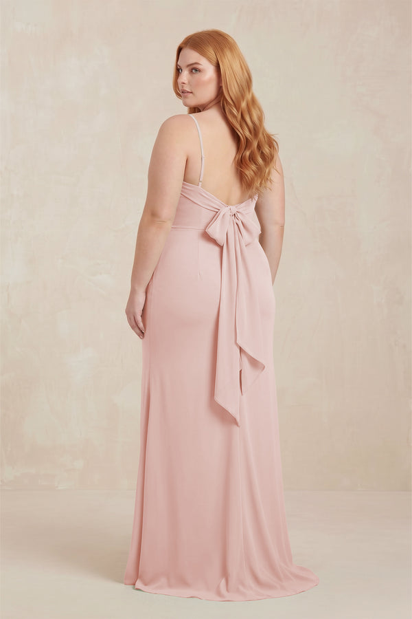 Rose Petal Cowl Neck Sheath Chiffon Bridesmaid Dress with Corset (2) | KISSBRIDAL