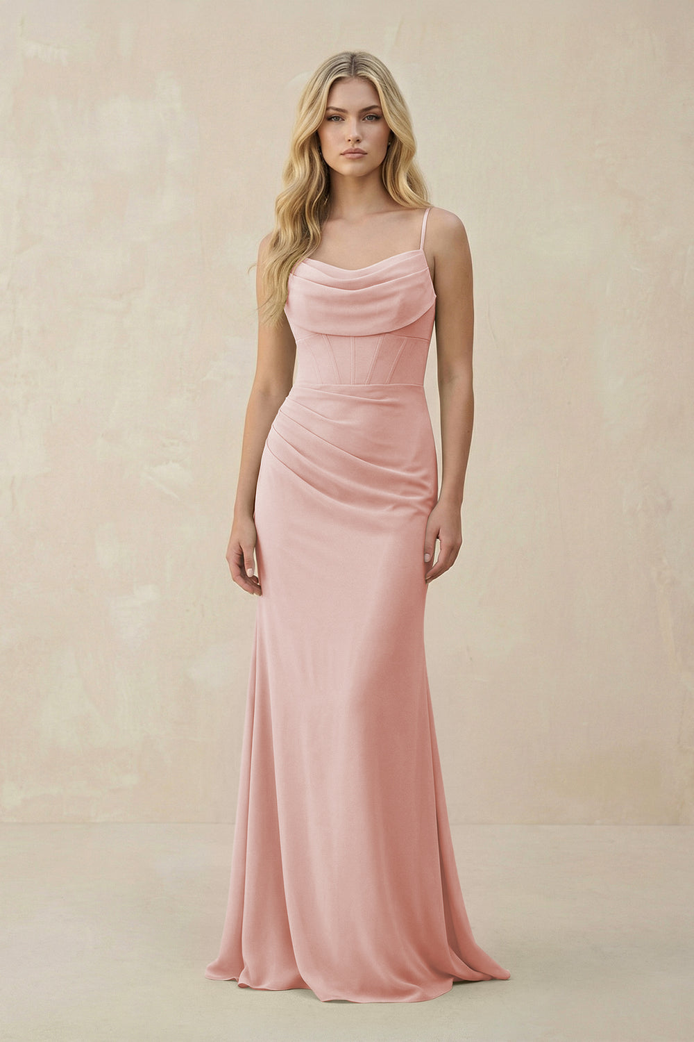 Cowl Neck Sheath Chiffon Bridesmaid Dress with Corset in Rose Petal