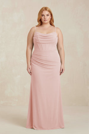 Rose Petal Cowl Neck Sheath Chiffon Bridesmaid Dress with Corset | KISSBRIDAL