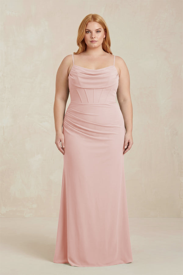 Rose Petal Cowl Neck Sheath Chiffon Bridesmaid Dress with Corset | KISSBRIDAL