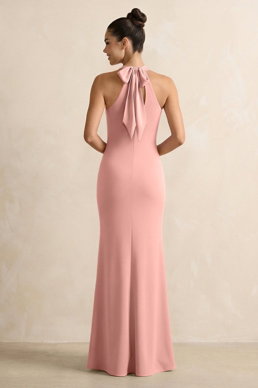 Crisscross Halter Sheath Satin Bridesmaid Dress with Bow in Rose Petal