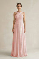 Rose Petal Cross Halter Chiffon A-Line Pleated Bridesmaid Dress | KISSBRIDAL