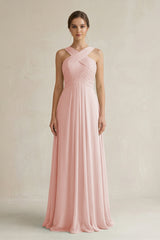 Rose Petal Cross Halter Chiffon A-Line Pleated Bridesmaid Dress | KISSBRIDAL