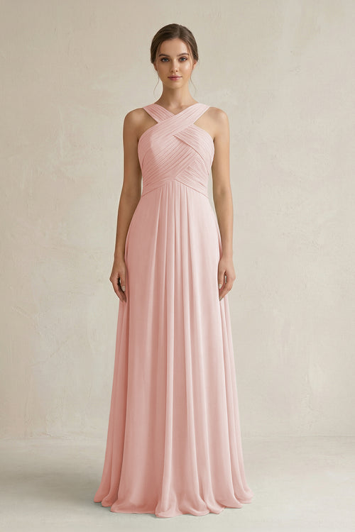 Rose Petal Cross Halter Chiffon A-Line Pleated Bridesmaid Dress | KISSBRIDAL