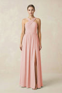 Rose Petal Cross Halter Neck Chiffon A-Line Bridesmaid Dress With Slit | KISSBRIDAL