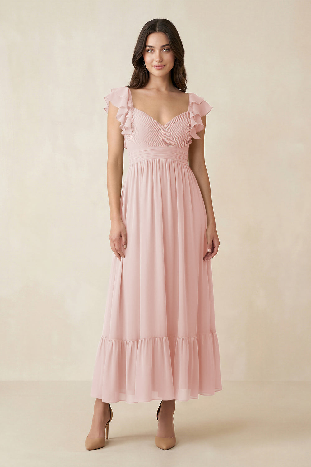 Flutter Sleeve Sweetheart A-Line Chiffon Bridesmaid Dress in Rose Petal