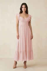 Rose Petal Flutter Sleeve Sweetheart A-Line Chiffon Bridesmaid Dress | KISSBRIDAL