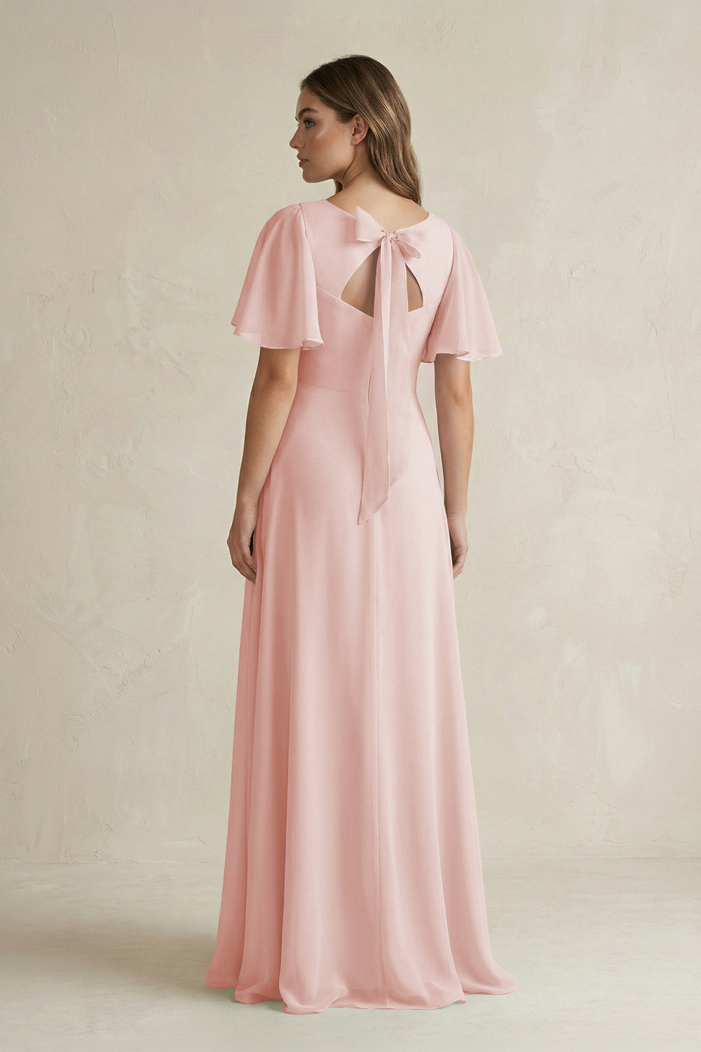 Flutter Sleeve V-Neck A-Line Chiffon Bridesmaid Dress in Rose Petal