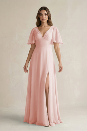 Rose Petal Flutter Sleeve V-Neck A-Line Chiffon Bridesmaid Dress | KISSBRIDAL