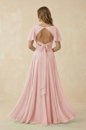 Rose Petal Flutter Sleeve V-Neck Chiffon A-Line Bridesmaid Dress (2) | KISSBRIDAL