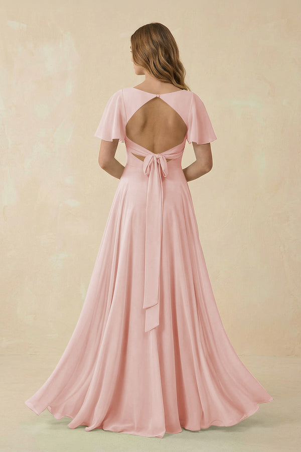 Rose Petal Flutter Sleeve V-Neck Chiffon A-Line Bridesmaid Dress (2) | KISSBRIDAL