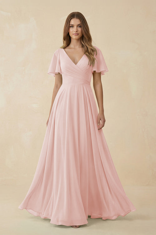 Rose Petal Flutter Sleeve V-Neck Chiffon A-Line Bridesmaid Dress | KISSBRIDAL