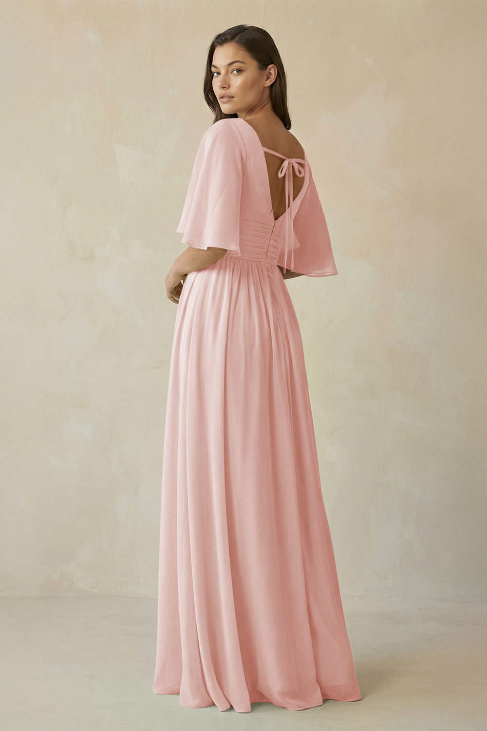 Half Sleeve V-Neck A-Line Chiffon Bridesmaid Gown in Rose Petal