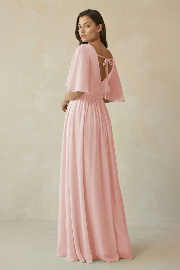 Rose Petal Half Sleeve V-Neck A-Line Chiffon Bridesmaid Gown (2) | KISSBRIDAL