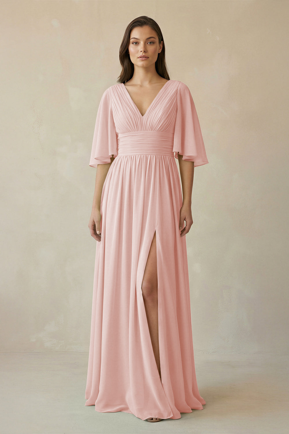 Half Sleeve V-Neck A-Line Chiffon Bridesmaid Gown in Rose Petal
