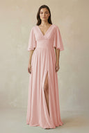 Rose Petal Half Sleeve V-Neck A-Line Chiffon Bridesmaid Gown | KISSBRIDAL