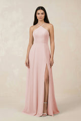 Rose Petal Halter Chiffon A-Line Bridesmaid Dress With Slit | KISSBRIDAL