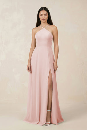 Rose Petal Halter Chiffon A-Line Bridesmaid Dress With Slit | KISSBRIDAL