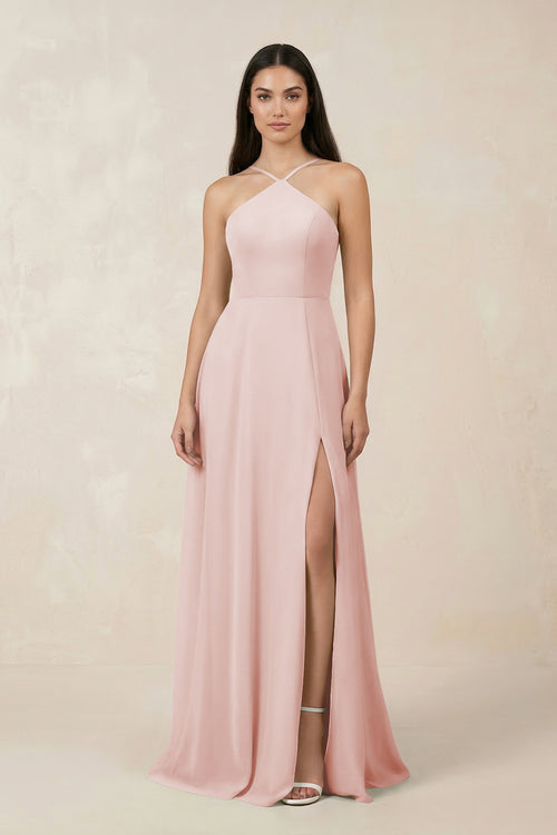 Rose Petal Halter Chiffon A-Line Bridesmaid Dress With Slit | KISSBRIDAL