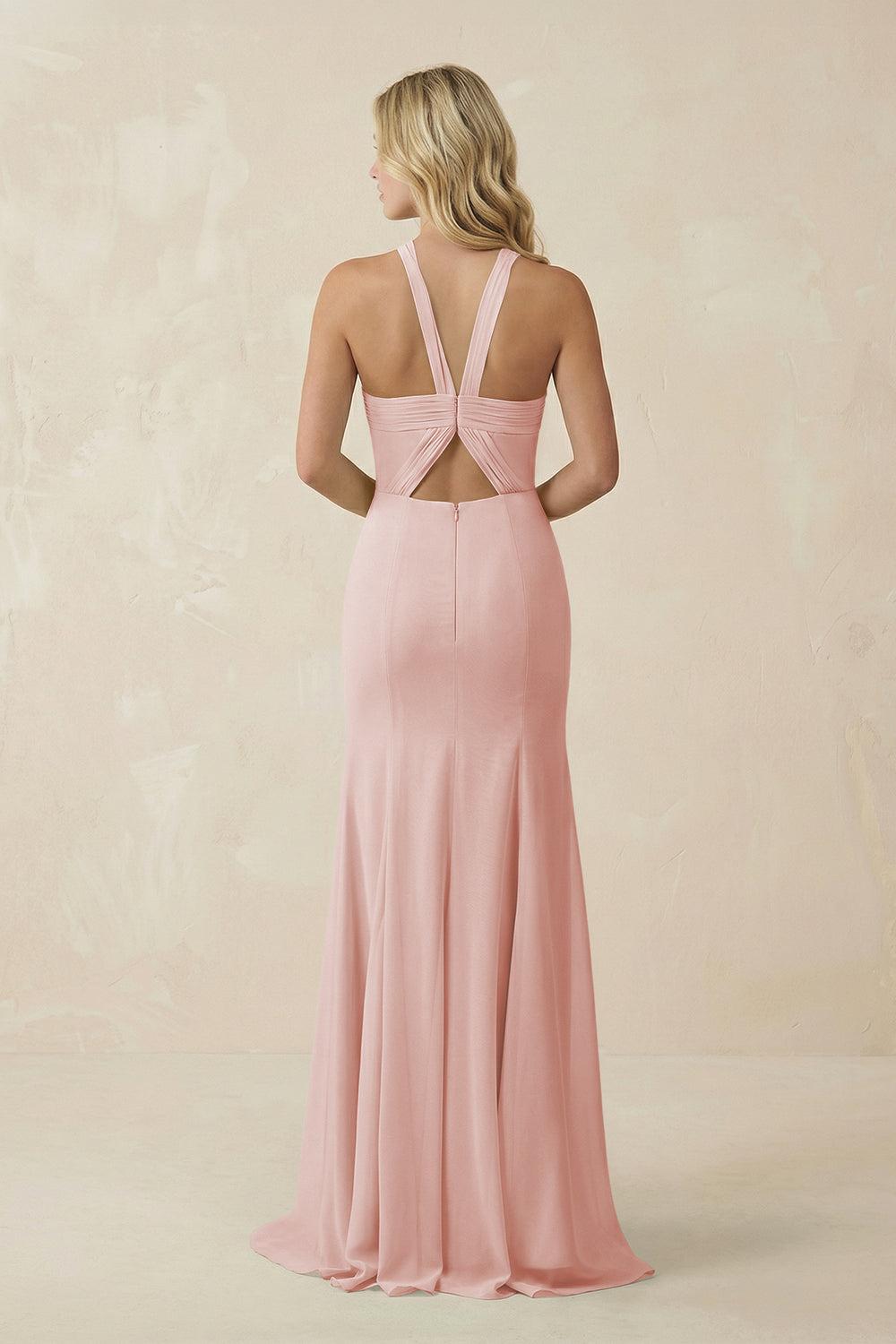 Halter Chiffon Mermaid Ruched Bridesmaid Dress in Rose Petal
