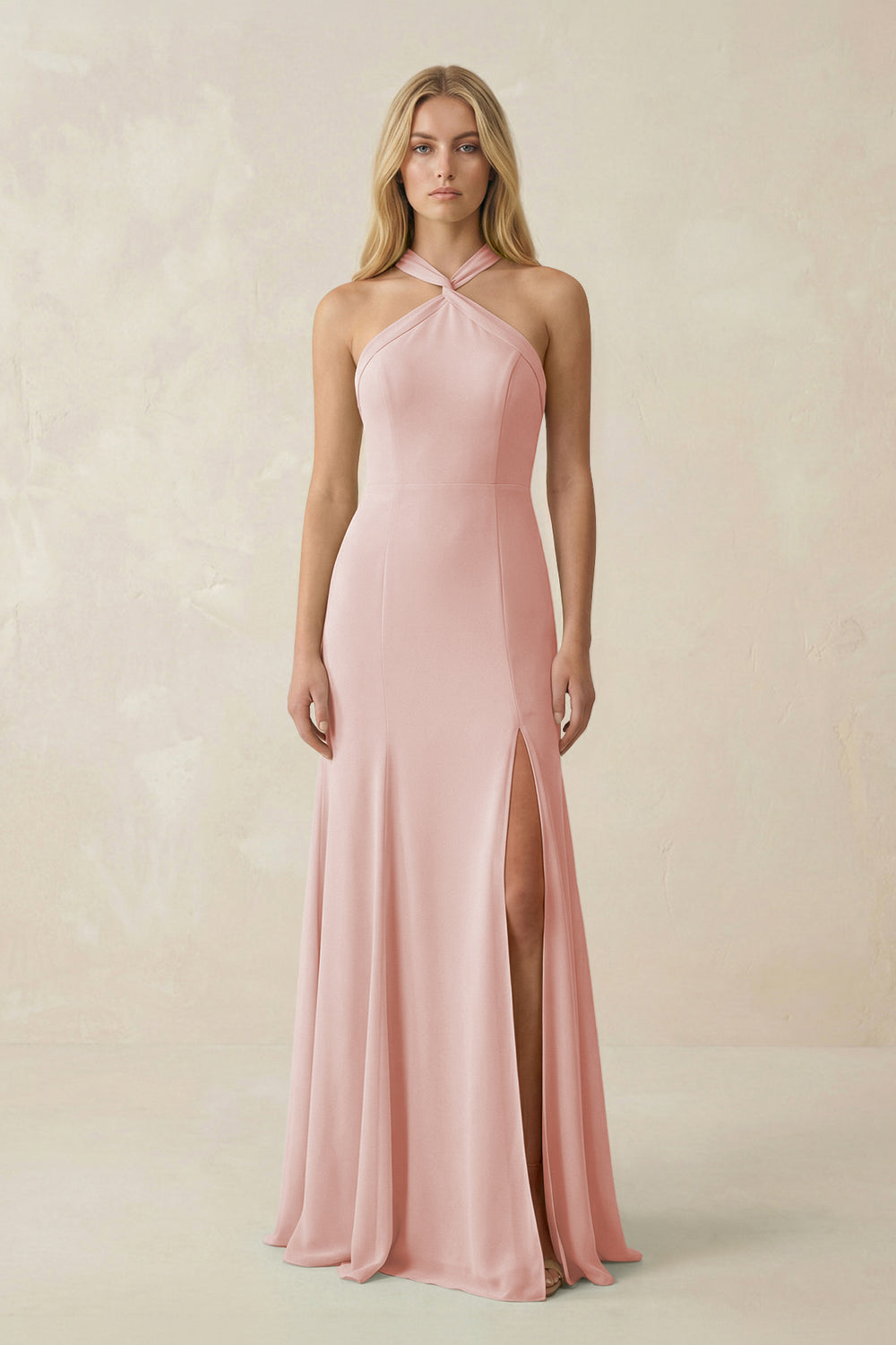 Halter Chiffon Mermaid Ruched Bridesmaid Dress in Rose Petal