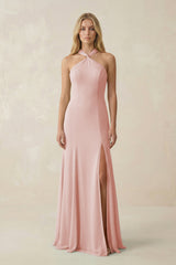 Rose Petal Halter Chiffon Mermaid Ruched Bridesmaid Dress | KISSBRIDAL