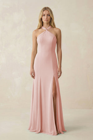 Rose Petal Halter Chiffon Mermaid Ruched Bridesmaid Dress | KISSBRIDAL