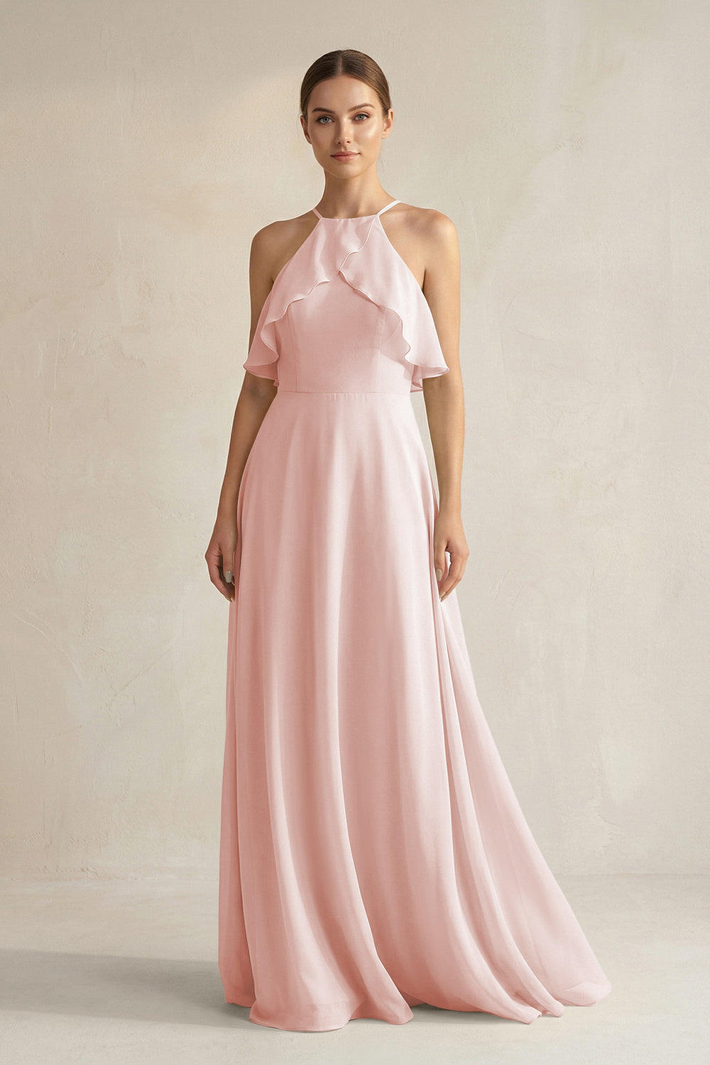 Halter Neck A-Line Chiffon Bridesmaid Dress with Keyhole in Rose Petal