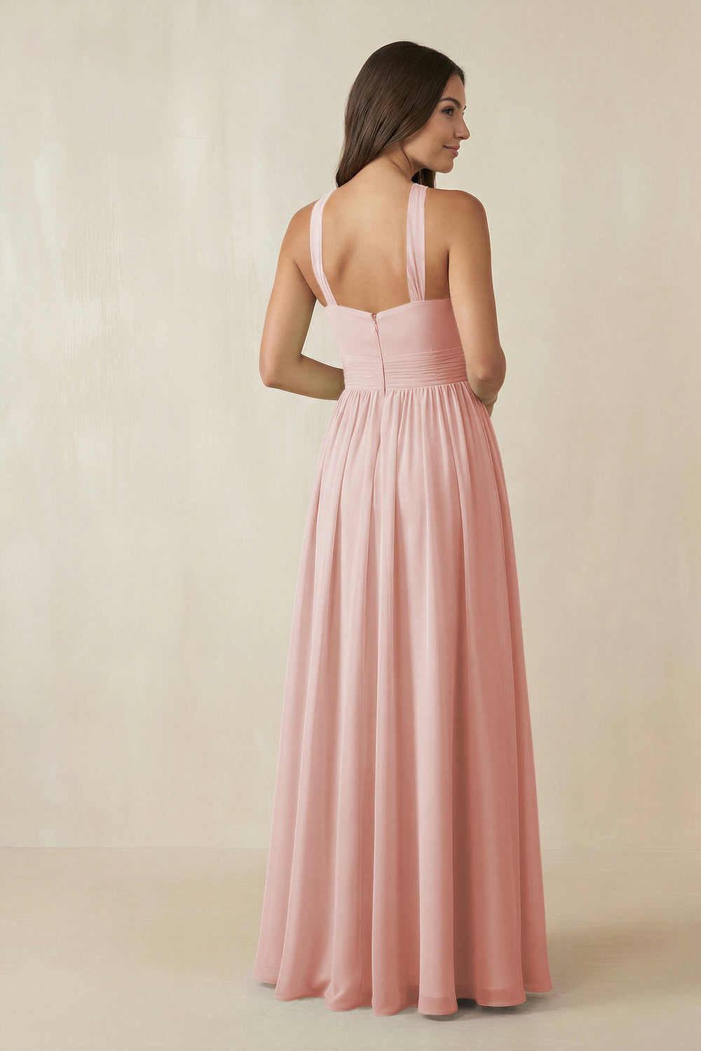 Halter Neck Ruched A-Line Chiffon Bridesmaid Dress in Rose Petal