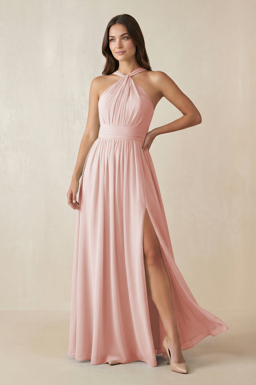 Halter Neck Ruched A-Line Chiffon Bridesmaid Dress in Rose Petal