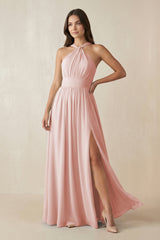 Rose Petal Halter Neck Ruched A-Line Chiffon Bridesmaid Dress | KISSBRIDAL
