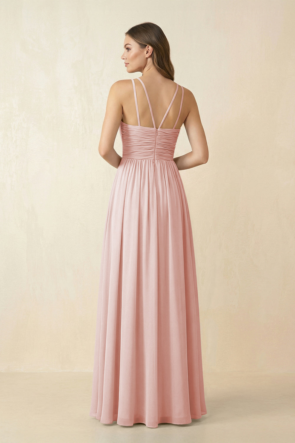 Halter Pleated A-Line Chiffon Bridesmaid Dress in Rose Petal