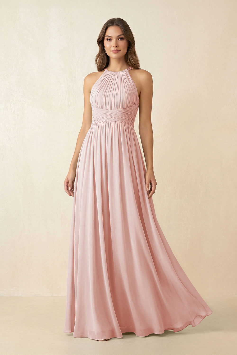 Halter Pleated A-Line Chiffon Bridesmaid Dress in Rose Petal