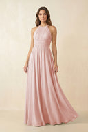 Rose Petal Halter Pleated A-Line Chiffon Bridesmaid Dress | KISSBRIDAL