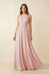 Rose Petal Halter Pleated A-Line Chiffon Bridesmaid Dress | KISSBRIDAL