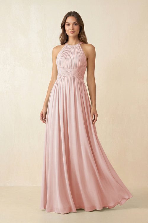 Rose Petal Halter Pleated A-Line Chiffon Bridesmaid Dress | KISSBRIDAL