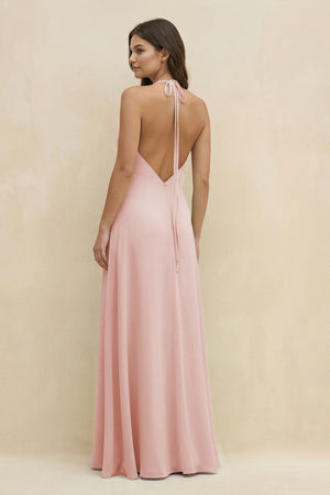 Rose Petal Halter Sheath Long Chiffon Bridesmaid Dress (2) | KISSBRIDAL