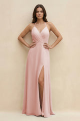 Rose Petal Halter Sheath Long Chiffon Bridesmaid Dress | KISSBRIDAL