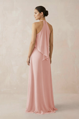 Rose Petal Halter Sheath Ruffled Chiffon Bridesmaid Dress (2) | KISSBRIDAL